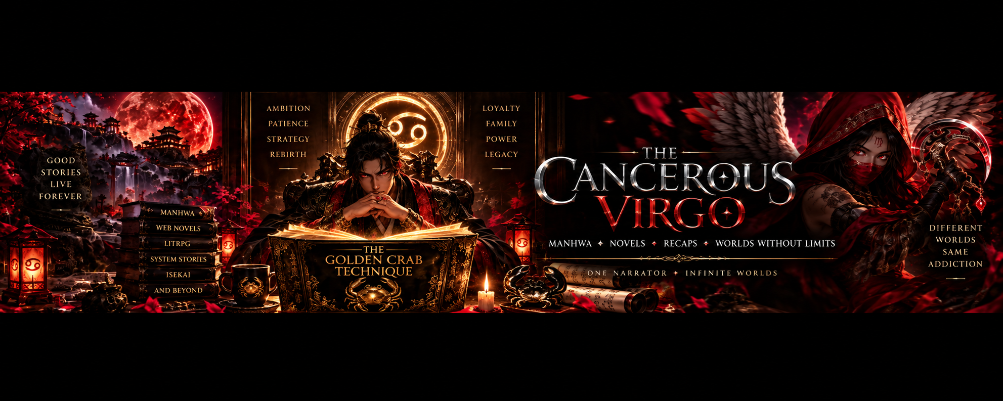 The Cancerous Virgo banner with the master reading the Golden Crab Technique and a red-clad ninja heroine